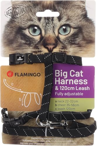 Flamingo Katzengeschirr mit Leine Elza – Schwarz | Sicher, komfortabel & perfekt für große Katzen! von Flamingo