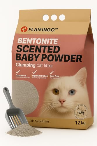 Flamingo Katzenstreu – Katzenstreu Klumpstreu – Babypuderduft – 12L (12KG) für 10 Wochen – Herkunft Europa – mit superfeiner Körnung – auch für Kätzchen – Ideal für 1 oder mehrere Katzen von Flamingo