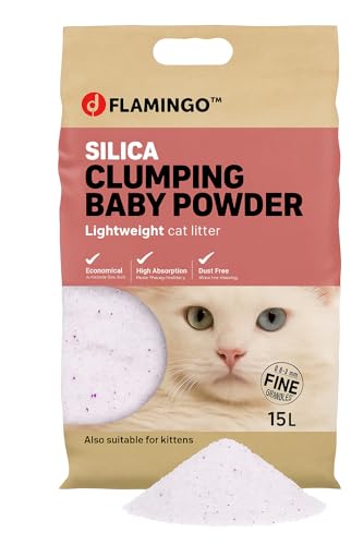 Flamingo Katzenstreu – Talkumduft für Babys – 15L für 18 Wochen – neutralisiert unangenehme Gerüche – auch für Kätzchen von Flamingo