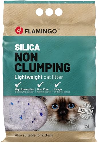 Flamingo Silica Katzenstreu - Mittlere Körnung, 5L für 6 Wochen, Staubfrei und Geruchsbindend, Ideal für Maine Coon, Britisch Kurzhaar, Ragdoll, Norwegische Waldkatze usw. von Flamingo