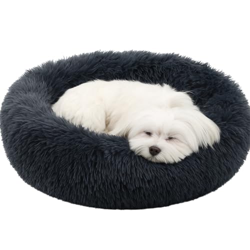 Flamingo Hundebett flauschig, Katzenbett, Donut Kissen, waschbar, Polsterung in der Mitte herausnehmbar, Langer Plüsch, 55 cm Durchmesser - grau Flamingo Hundebett flauschig, Katzenbett, Donut Kissen, waschbar, Polsterung in der Mitte herausnehmbar, Langer Plüsch, 55 cm Durchmesser - grau von Flamingo