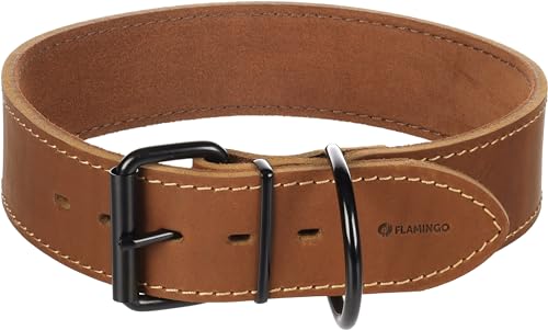 Flamingo Montana-Halsband, Leder, groß, Cognac, XXXL, 58-68 cm x 50 mm – mit Nieten und Schnalle mit Einer glänzenden schwarzen Oberfläche von Flamingo