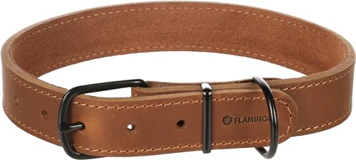 Flamingo Montana-Halsband aus Cognac-Leder, Größe XL, 47,5 – 58 cm x 28 mm – mit Nieten und Schnalle mit Einer glänzenden schwarzen Oberfläche von Flamingo