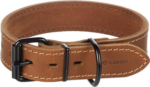 Flamingo Montana-Halsband aus Leder, groß, Cognac, M/L, 39,5 – 49,5 cm x 35 mm – mit Nieten und Schnalle mit Einer glänzenden schwarzen Oberfläche von Flamingo