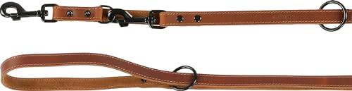 Flamingo Montana Trainingsleine aus Cognac-Leder für Hunde – 200 cm x 20 mm – 3-Fach verstellbar – mit Nieten und Karabiner hat eine glänzende Schwarze Oberfläche von Flamingo