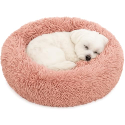 Flamingo Hundebett flauschig, Katzenbett, Donut Kissen, waschbar, Polsterung in der Mitte herausnehmbar, Langer Plüsch, 55 cm Durchmesser - Altrosa von Flamingo