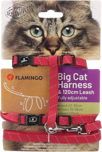 Katze Geschirr mit Leine Große Katzen Elza Korallenrot 22-32cm 35-56cm 120cm 12mm von Flamingo
