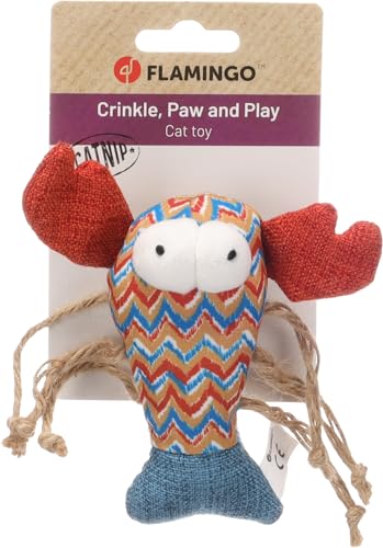 Flamingo Katzenspielzeug – Robla Krebs – 13cm – Textil – mit Knistergeräusch, Catnip & Bändern – bunt – lustiges Spielzeug von Flamingo