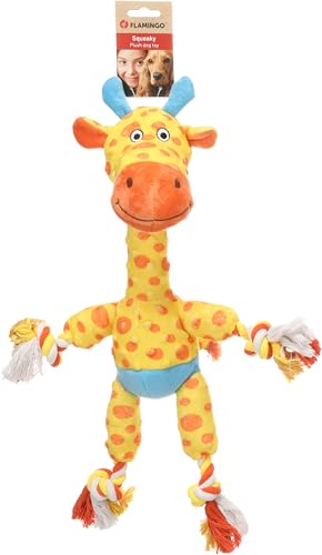Flamingo Hundespielzeug – Torris Giraffe mit Seil Gelb – Plüsch mit Quietscher – Länge 53,5 cm von Flamingo