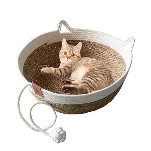 Flanliy Katzenbett mit Seilball, Katzenkorb Rattan, 42x42x15 cm Handgewebtes Baumwollseilen Katzenkörbchen, Rund Katzenkorb zum Schlafen, Katzenbett für Drinnen für Katzen (A, M) von Flanliy