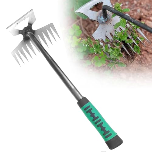 Flanliy Unkrautstecher, Unkraut Entferner Gerät, Gartengeräte Edelstahl, Gartenarbeit Hand Unkrautstecher mit Griff, Unkrautjäten Gartengeräte Entwurzelung Jäten Werkzeug für Outdoor Garten (7 Zähne) von Flanliy