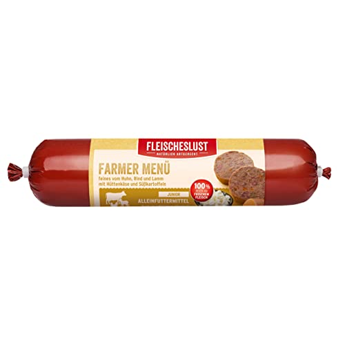 Fleischeslust Farmer Menü Juniormenü mit Huhn, Rind, Lamm mit Süßkartoffel und Hüttenkäse Wurst (1 x 800 Gramm) von Fleischeslust