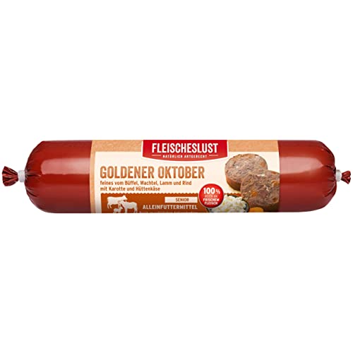 Fleischeslust Goldener Oktober Seniormenü mit Rind, Wachtel, Lamm mit Spirulina, Kamille u. Hüttenkäse Wurst (1 x 800 Gramm) von Fleischeslust