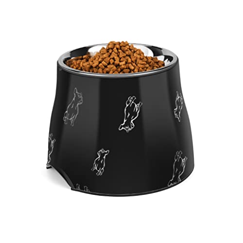 Flexzion Hundenapf, Futternapf, erhöhter Fressnapf für kleine-/mittelgroße Hunde - 600 ml, Edelstahl Trinknapf mit Melamine Ständer und rutschfester Füße,Napfständer für Langohrhunde, schwarze Bulldog von Flexzion
