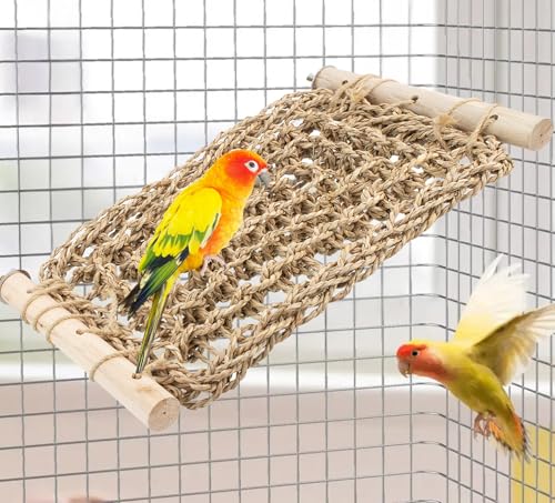 FlidRunest Vogelsitzstange mit Seegrasmatte, Papageien, natürliches Seegras gewebtes Netz, Hängematte, Sittich, Kletterseil, Leiter, Kauspielzeug, Käfigzubehör für Lovebird Conure Wellensittich von FlidRunest