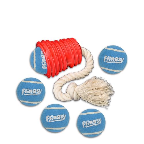 Flingsy Ballwerfer für Hunde, kombiniert mit Seilschlepper, Apportierspielzeug mit 100 % natürlichem Baumwollseil, hergestellt in den USA, mit 5 Bällen von Flingsy