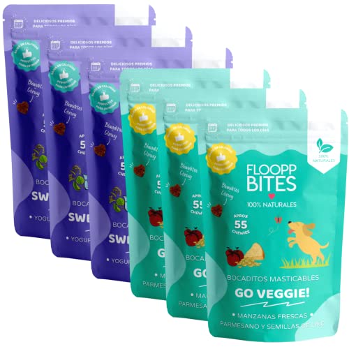 Floopp Bites Gesunde Hundesnacks | Mini-Kaustückchen | Mix-Pack mit Joghurt, Kamille, Linde, Käse und Leinsamen | Packung 6x50g von Floopp BITES 100% NATURALES