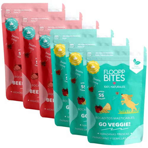 Floopp Bites Natürliche Hundesnacks | Kaustück-Textur | Mix-Pack mit Leber, Karotten, Käse und Leinsamen | Packung 6x50g von Floopp BITES 100% NATURALES