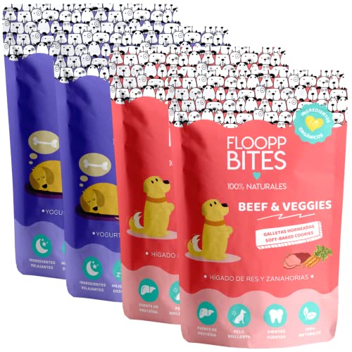 Floopp Bites Natürliche Hundeleckerlis | Knusprige Kekse mit Rinderleber, Karotten, Joghurt, Kamille und Linde | Packung 4x100g von Floopp BITES 100% NATURALES