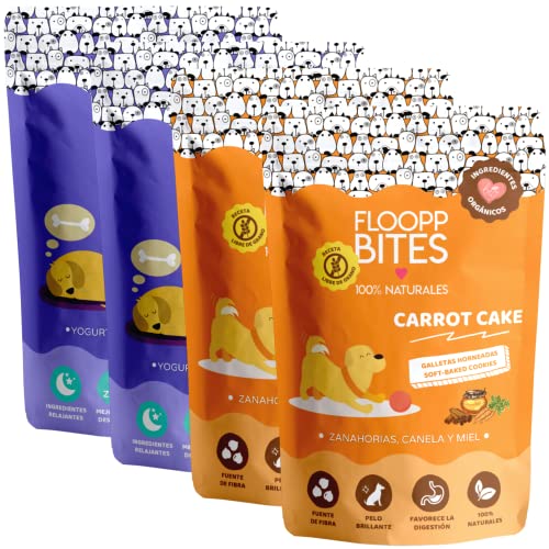 FlooppBITES Snack für Hunde, 100 % natürlich, knuspriger Keks, Leckerlis, Leckerlis für Hunde, Mischpackung, Karotten, Zimt, Joghurt, Kamille, 4 x 100 g (insgesamt 400 g) von Floopp BITES 100% NATURALES