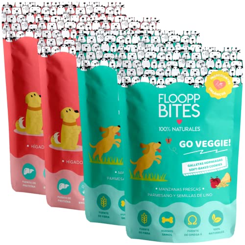 FlooppBITES Snack für Hunde, 100 % natürlich, knuspriger Keks, Leckerlis, Leckerlis für Hunde, Mischpackung, Leber, Karotten, Käse, Leinen, Packung mit 4 x 100 g (insgesamt 400 g) von Floopp BITES 100% NATURALES
