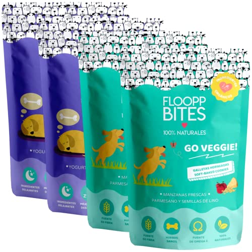 Floopp Bites Natürliche Hundesnacks | Knusprige Kekse Mix-Pack mit Joghurt, Kamille, Käse und Leinsamen | Packung 4x100g von Floopp BITES 100% NATURALES