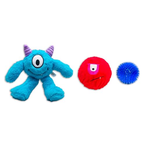 Flourish Pets 3-in-1-Kauspielzeug für aggressive Kauer, ungiftig, BPA-frei, doppelt genäht, weiches Außenmaterial, langlebiges Plüschspielzeug, groß, blaues Monster von Flourish
