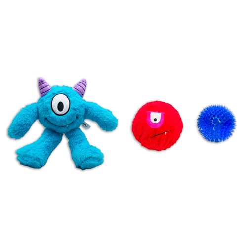 Flourish Pets 3-in-1-Kauspielzeug für aggressive Kauer, ungiftig, BPA-frei, doppelt genäht, weiches Außenmaterial, langlebiges Plüschspielzeug, klein, blaues Monster von Flourish