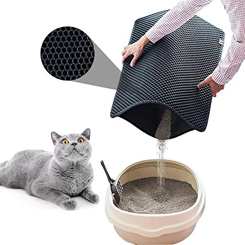 Floving Katzenstreu Matte 55 * 75cm Streu Tray Matte für Katzen wasserdichte Eva Material Kitty Doppelschicht Streu Trapper Matte Große waschbare Easy Clean (55 x 75cm, Schwarz) von Floving