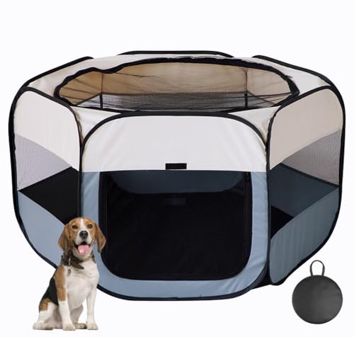 Floving Tragbarer Hundezaun Faltbarer Haustier-Laufstall Lieferraum Katzengehege Katze Schwangere Geschlossenes Haustierzelt Hundezucht Lieferbox mit Tragetasche (XL, Grau) von Floving