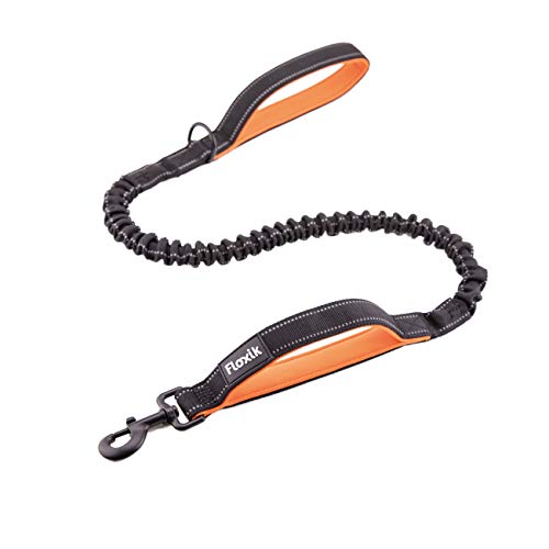 Floxik Hundeleine elastisch 120 cm | Premium Bungeeleine inkl. Kurzführer in verschiedenen Größen (1 m/ 1,20 m / 1,50 m) | schwarz/orange & reflektierend von Floxik