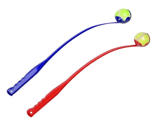 Fluffix Ballwerfer für Hunde mit Tennisball - 2er Set (Rot und Blau) - 65 cm - Weitwurf-Technologie für aktives Apportieren, praktisch und hygienisch, aus robustem Kunststoff von Fluffix