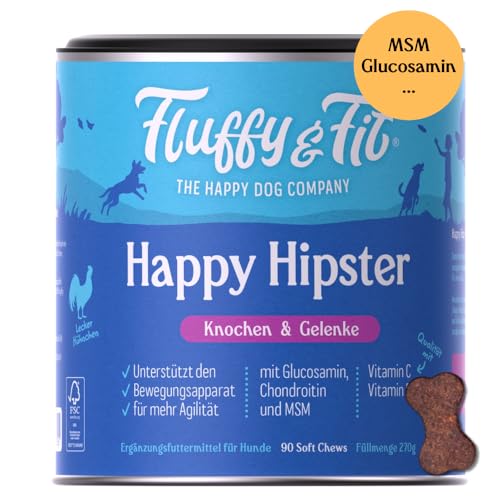 Fluffy & Fit Happy Hipster Gelenk Snacks für Hunde zur Stärkung von Gelenk & Knochen mit Chondroitin, Glucosamin und MSM - Leckerli statt Hund Gelenktabletten, Arthrose Tabletten, 270g (1 x Dose) von Fluffy & Fit