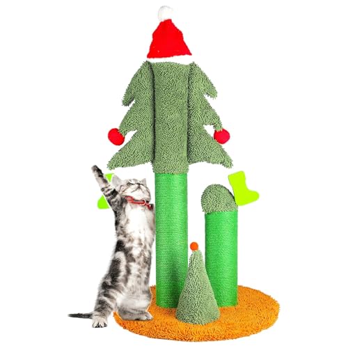 FluffyDream 81,3 cm Kratzbaum für Katzen, hoher Weihnachtsbaum, Katzenkratzer mit 3 Pfosten und niedlichen baumelnden Teaserbällen, natürliches Sisalseil Katzenspielzeug für Kitty und Erwachsene von FluffyDream