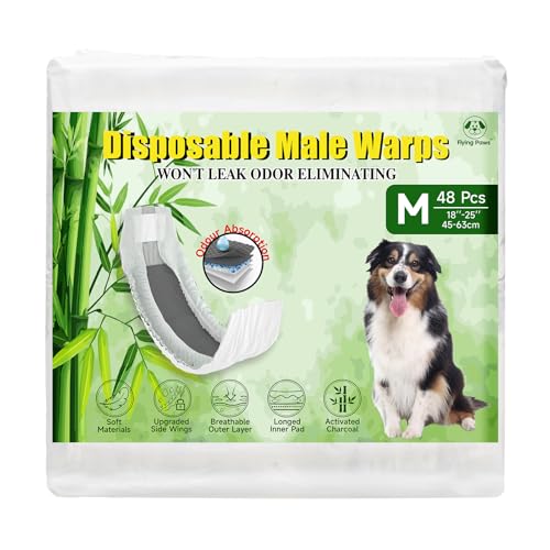 Flying Paws Hundewindeln für Rüden, M-48 mit Aktivkohle Weiche und Atmungsaktive Rüdenwindel, Odour-Neutralisierung, Super Saugfähig Einweg-Hundewindeln, für Markierung, Harninkontinenz, Reisen Flying Paws Hundewindeln für Rüden, M-48 mit Aktivkohle Weiche und Atmungsaktive Rüdenwindel, Odour-Neutralisierung, Super Saugfähig Einweg-Hundewindeln, für Markierung, Harninkontinenz, Reisen von Flying Paws