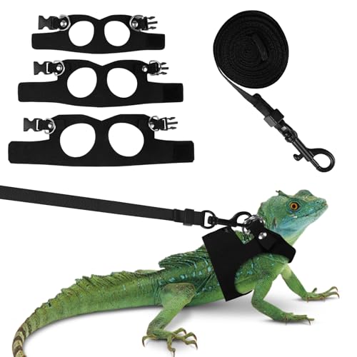 Fnaobai Bartdrachengeschirr-Set, 3 Größen, verstellbar, Eidechsen, Training, Spazierengehen, Lederweste, ausbruchsicheres Zugseil für Outdoor, kleine Reptilien, Tiere, Eichhörnchen, Schwarz von Fnaobai