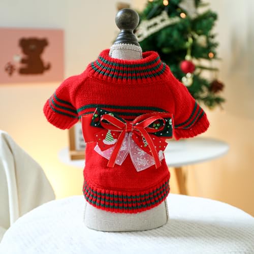 Weihnachtspullover für Hunde, Schleife, Haustier-Strickwaren, Kleidung, Katze, Winter, warmer Pullover, Outfits, kaltes Wetter, Weihnachts-Sweatshirt für Welpen, Kätzchen, Chihuahua, Yorkie (Rot, L) von Fnaobai