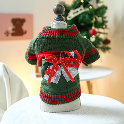 Weihnachtspullover für Hunde, Schleife, Haustier-Strickwaren, Kleidung, für den Winter, warmer Pullover, Outfits, kaltes Wetter, Weihnachtssweatshirt für Welpen, Kätzchen, Chihuahua, Yorkie (Grün, XS) von Fnaobai