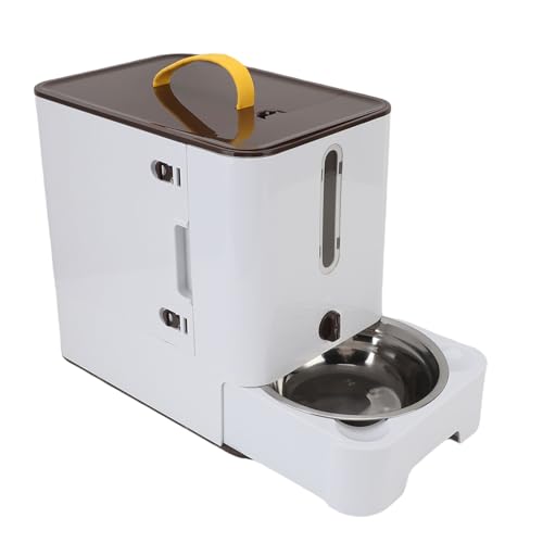 Automatischer Katzenfutterautomat, 2-in-1 Katzenfutterspender und Behälter mit transparentem Fenster, Edelstahlnapf, Automatischer Futterspender für Katzen und Welpen (Brown) von Fockety