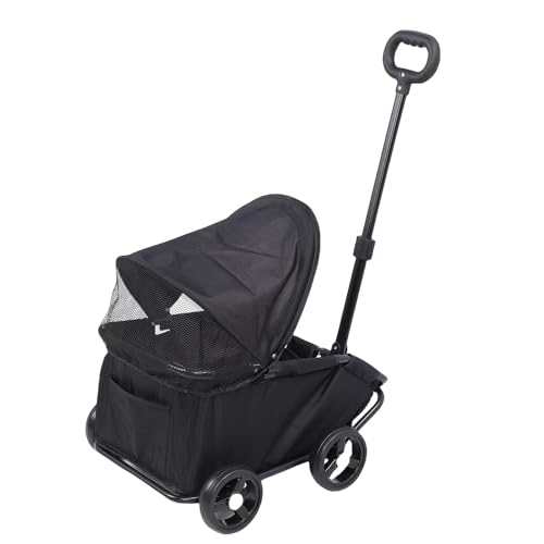 Fockety Faltbarer Haustierwagen mit Baldachin, wasserdichte 4 Rädern Hundewagen für Kleine Hunde und Katzen, Tragbare Katzenwagen mit Sonnenschirmen, Einstellbarem Griff (Black) von Fockety