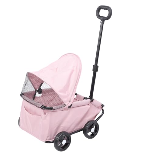 Fockety Faltbarer Haustierwagen mit Baldachin, wasserdichte 4 Rädern Hundewagen für Kleine Hunde und Katzen, Tragbare Katzenwagen mit Sonnenschirmen, Einstellbarem Griff (PINK) von Fockety