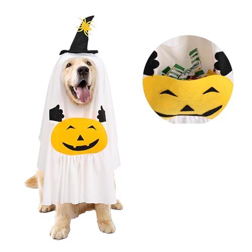 Halloween-Hundegeisterkostüm, Weiße Kostüme, Geisterkostüme für Hunde und Katzen, Hundegeisterkostüm mit Kürbis, Halloween-Hunde-Cosplay-Kostüm für Halloween-Cosplay-Party (L) von Fofetbfo