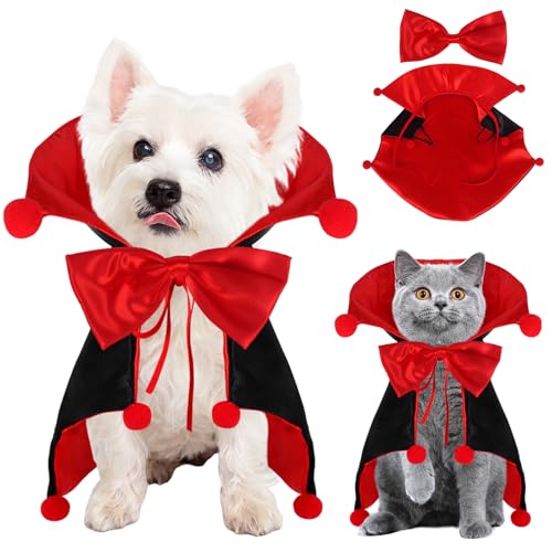 Fohuanky Halloween Vampirumhang für Hunde und Katzen, verstellbarer Haustierumhang mit Schleife und Pompons, Faschingskostüm für kleine, mittelgroße und große Haustiere (Rot, M) von Fohuanky