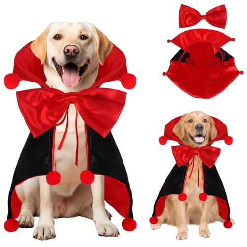 Fohuanky Halloween Vampirumhang für Hunde und Katzen, verstellbarer Haustierumhang mit Schleife und Pompons, Faschingskostüm für kleine, mittelgroße und große Haustiere (Rot, XL) von Fohuanky
