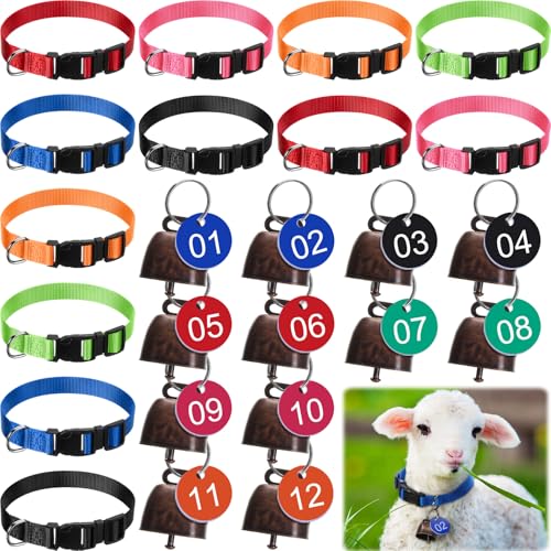 Foilswirl 12 Stück Ziegenhalsband mit Glocke und Zahlenschild, verstellbares Nylon-Schafhalsband-Set mit Kunststoff-ID-Nummernschildern für kleine Bauernhoftiere, Nutztiere, Ziegen, Schafe, Kuhzubehör von Foilswirl