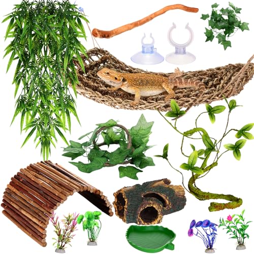 Foilswirl 19 Stück Bartdrachen Tank Zubehör Reptilienbrücke Hängematte Pflanzen Brücke Dschungel Kletterer Reben Terrarium Ast Pflanzen Lebensraum Dekoration zum Verstecken Kletterschlange Gecko von Foilswirl