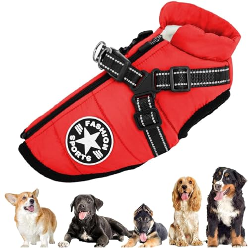 Fokayo Pawbibi Sport – wasserdichte Winterjacke mit integriertem Geschirr, Pawbibi Hundejacke mit Geschirr, Hunde-Wintermantel, wasserdicht, Winddicht, reflektierende warme Hundeweste (L,Rot) von Fokayo