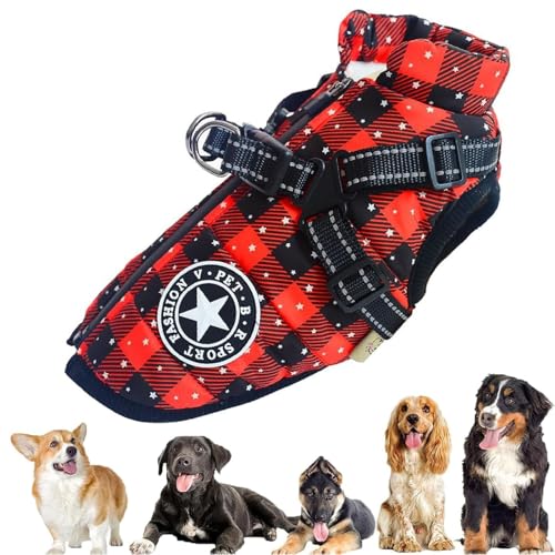 Fokayo Pawbibi Sport – wasserdichte Winterjacke mit integriertem Geschirr, Pawbibi Hundejacke mit Geschirr, Hunde-Wintermantel, wasserdicht, Winddicht, reflektierende warme Hundeweste (M,Plaid) von Fokayo