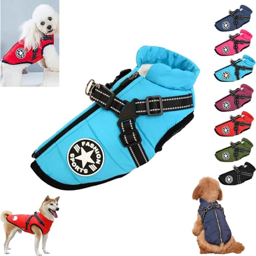 Fokayo Pawbibi Sport – wasserdichte Winterjacke mit integriertem Geschirr, Pawbibi Hundejacke mit Geschirr, Hundemantel mit integriertem Geschirr, Warmer Wintermantel für Haustiere (2XL,Sky Blue) von Fokayo