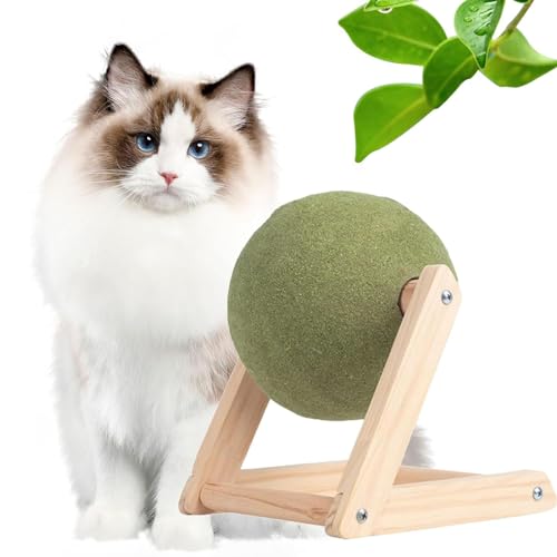 Fokayo Riesiger Katzenminze-Ball mit Holzständer, Katzenminze-Bodenballspielzeug, drehbare Katzenminze-Rollerball-Bodenhalterung, interaktives Katzenminze-Spielzeug zum Spielen mit Kätzchen (15CM) von Fokayo